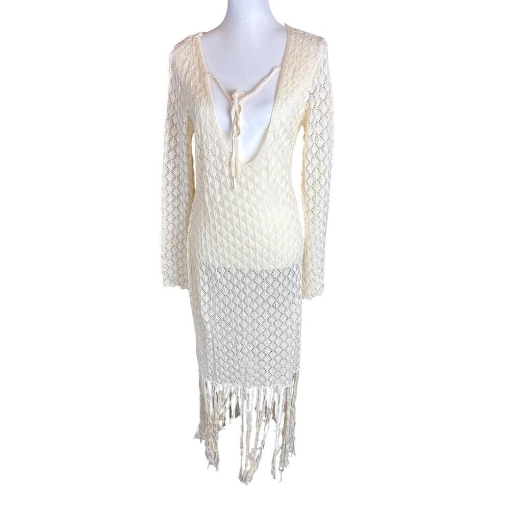 NWT FISQEW Beachwear Spa Cream Crochet Long‎ Sleeve Fringe Tunic Dress Cover Up